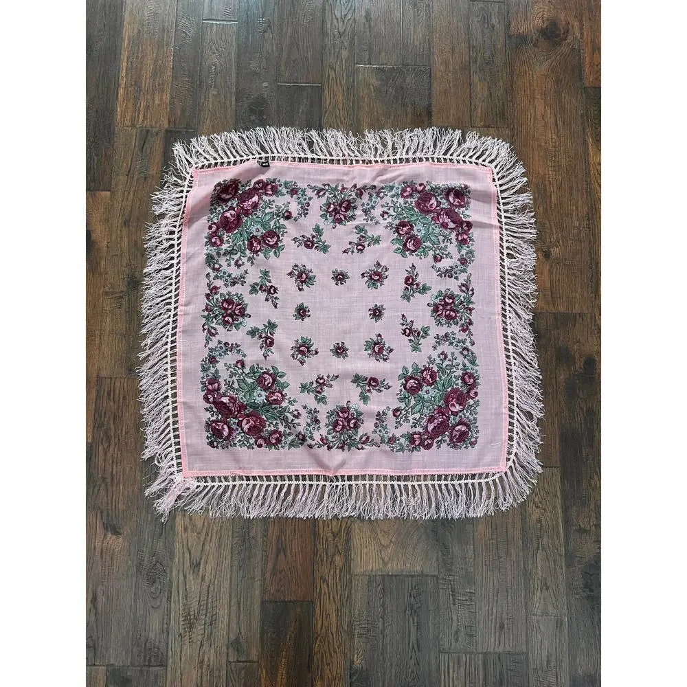 Vintage Kashmir Woole Floral Fringe Scarf - Pink Rose Square Wrap Bohemian Style